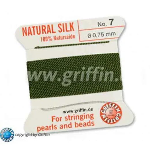 Olive Griffin Silk Thread with Needle, Size 7, 0.75mm dia. 2m long Olive Griffin Silk Thread with Needle, Size 7, 0.75mm dia. 2m long