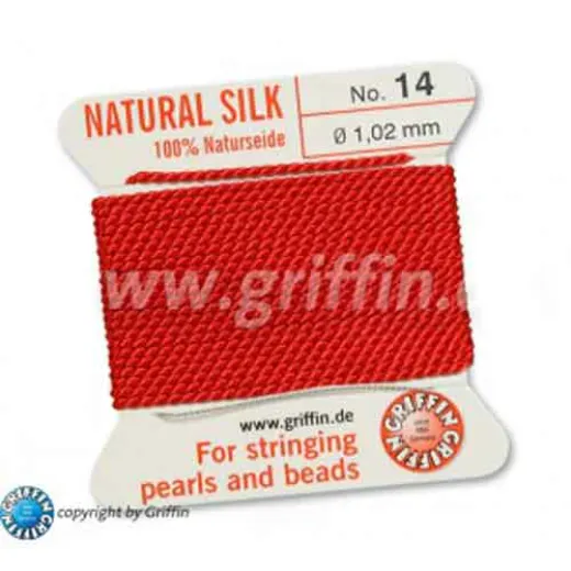 Red Griffin Silk Thread with Needle, Size 14, 1.02mm dia. 2m long Red Griffin Silk Thread with Needle, Size 14, 1.02mm dia. 2m long