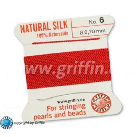 Red Griffin Silk Thread with Needle, Size 6, 0.7mm dia. 2m long Red Griffin Silk Thread with Needle, Size 6, 0.7mm dia. 2m long