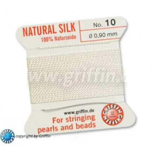 White Griffin Silk Thread with Needle, Size 10, 0.90mm dia. 2m long White Griffin Silk Thread with Needle, Size 10, 0.90mm dia. 2m long