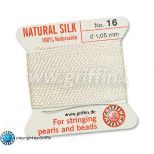White Griffin Silk Thread with Needle, Size 16, 1.05mm dia., 2m length White Griffin Silk Thread with Needle, Size 16, 1.05mm dia., 2m length