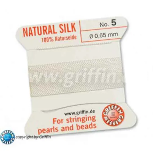 White Griffin Silk Thread with Needle, Size 5, 0.65mm dia. 2m long White Griffin Silk Thread with Needle, Size 5, 0.65mm dia. 2m long