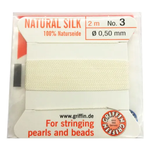 White Griffin Silk Thread with Needle, Size 3, 0.50mm dia. 2m long White Griffin Silk Thread with Needle, Size 3, 0.50mm dia. 2m long
