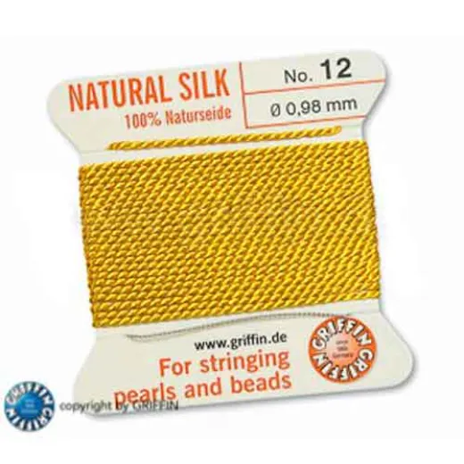 Yellow Griffin Silk Thread with Needle, Size 12, 0.98mm dia. 2m long Yellow Griffin Silk Thread with Needle, Size 12, 0.98mm dia. 2m long