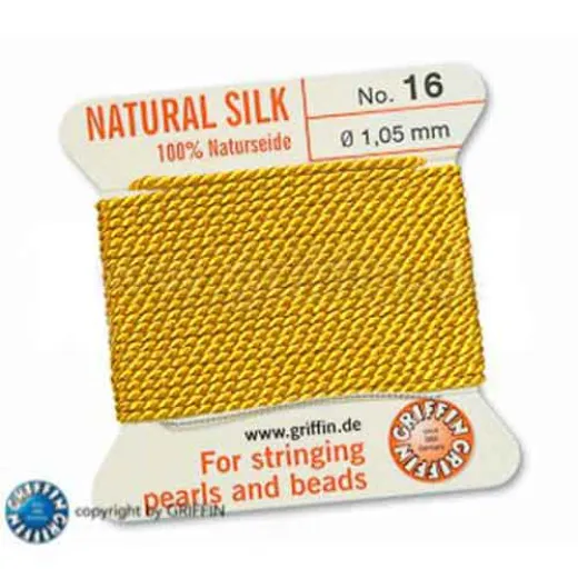 Yellow Griffin Silk Thread with Needle, Size 16, 1.05mm dia. 2m long Yellow Griffin Silk Thread with Needle, Size 16, 1.05mm dia. 2m long