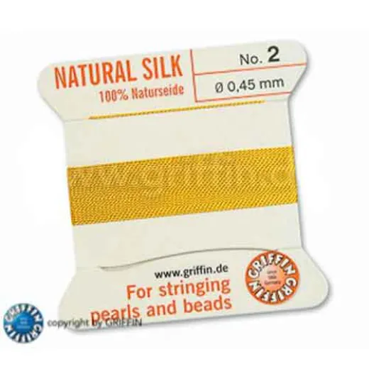 Yellow Griffin Silk Thread with Needle, Size 2, 0.45mm dia. 2m long Yellow Griffin Silk Thread with Needle, Size 2, 0.45mm dia. 2m long