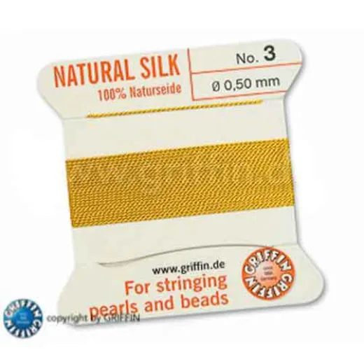 Yellow Griffin Silk Thread with Needle, Size 3, 0.50mm dia. 2m long Yellow Griffin Silk Thread with Needle, Size 3, 0.50mm dia. 2m long