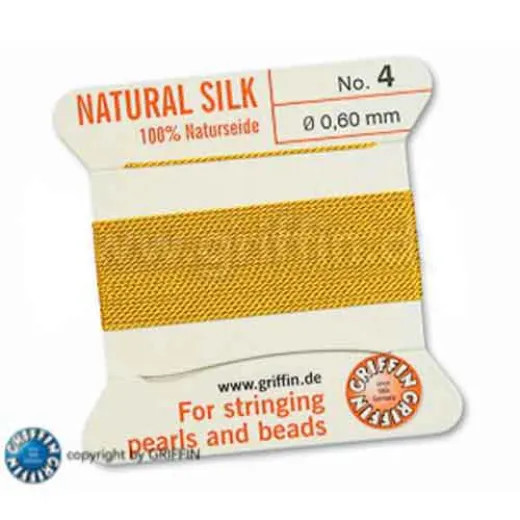 Yellow Griffin Silk Thread with Needle, Size 4, 0.60mm dia. 2m long Yellow Griffin Silk Thread with Needle, Size 4, 0.60mm dia. 2m long