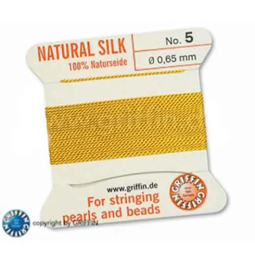 Yellow Griffin Silk Thread with Needle, Size 5, 0.65mm dia. 2m long Yellow Griffin Silk Thread with Needle, Size 5, 0.65mm dia. 2m long
