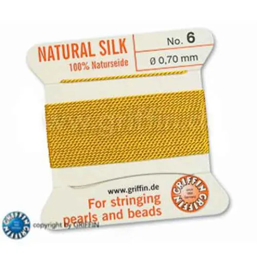 Yellow Griffin Silk Thread with Needle, Size 6, 0.7mm dia. 2m long Yellow Griffin Silk Thread with Needle, Size 6, 0.7mm dia. 2m long