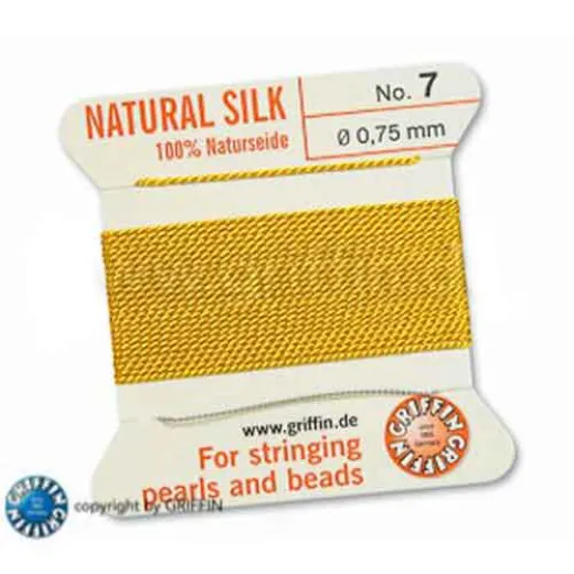 Yellow Griffin Silk Thread with Needle, Size 7, 0.75mm dia. 2m long Yellow Griffin Silk Thread with Needle, Size 7, 0.75mm dia. 2m long