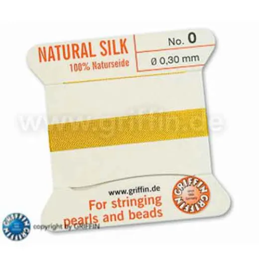Yellow Griffin Silk Thread with Needle, Size 0, 0.30mm dia. 2m long Yellow Griffin Silk Thread with Needle, Size 0, 0.30mm dia. 2m long