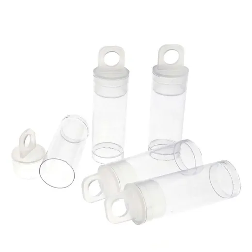 37mm x 14mm Clear Plastic Tubes with hanging cap, pack of 100 37mm x 14mm Clear Plastic Tubes with hanging cap, pack of 100