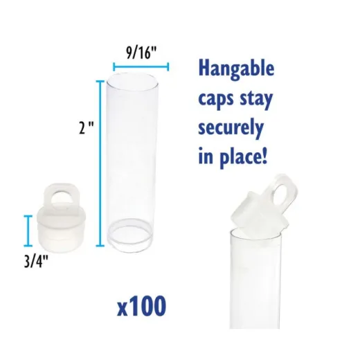 50mm x 14mm Clear Plastic Tubes with hanging cap, pack of 100