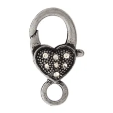 27mm Antique Silver  Diamante Heart Lobster Clasps, Pack of 2