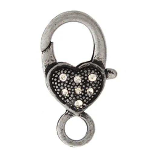 27mm Antique Silver Diamante Heart Lobster Clasps, Pack of 2 27mm Antique Silver Diamante Heart Lobster Clasps, Pack of 2