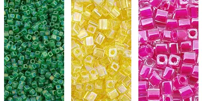 Three panels of different Miyuki cubes – one small selection of green beads, one yellow, one pink. 