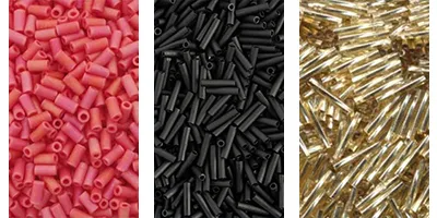 Three images next to each other of various Miyuki Bugle and Twist beads: one of pink bugle beads, one of black bugle beads, one of gold twist beads