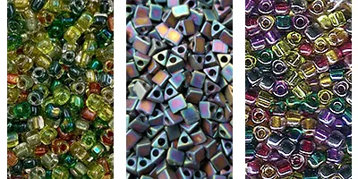 Three images next to each other, the first featuring a selection of yellow, green and orange soft Miyuki triangles; the second petrol-coloured sharp Miyuki triangles; the third multi-coloured soft Miyuki triangles