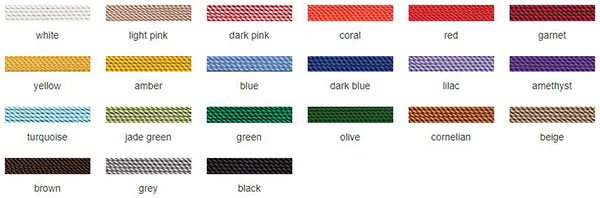 21 Griffin bead cord colours with labels on white background