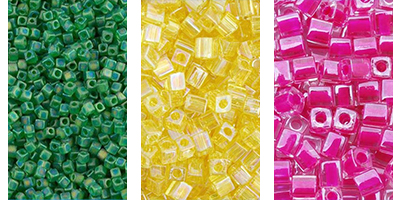 Three panels of different Miyuki cubes – one small selection of green beads, one yellow, one pink. 
