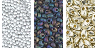 Three panelled image of Miyuki beads. One of white Miyuki Magatamas, one of petrol-coloured Miyuki drops, and one of gold Miyuki long magatamas