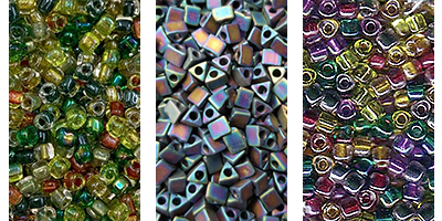 Three images next to each other, the first featuring a selection of yellow, green and orange soft Miyuki triangles; the second petrol-coloured sharp Miyuki triangles; the third multi-coloured soft Miyuki triangles