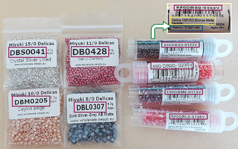 Miyuki Delicas of different colours and sizes in various packaging options
