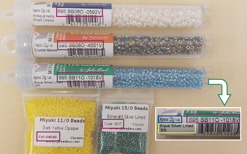 Miyuki Seed Beads packaging with boxes around colour labels