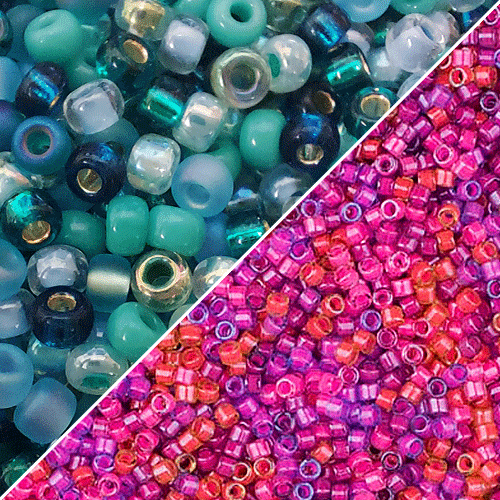 Two different types and colours of Miyuki Delica beads side by side