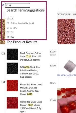 Screenshot showing CJ Beaders website search bar entering Miyuki bead colour code